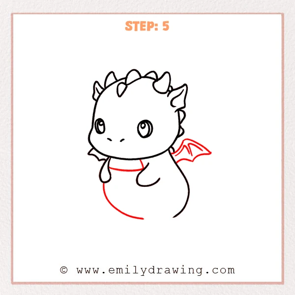 how to draw a baby dragon - Step 5: Small baby dragon wings added behind the body, kept compact and balanced.